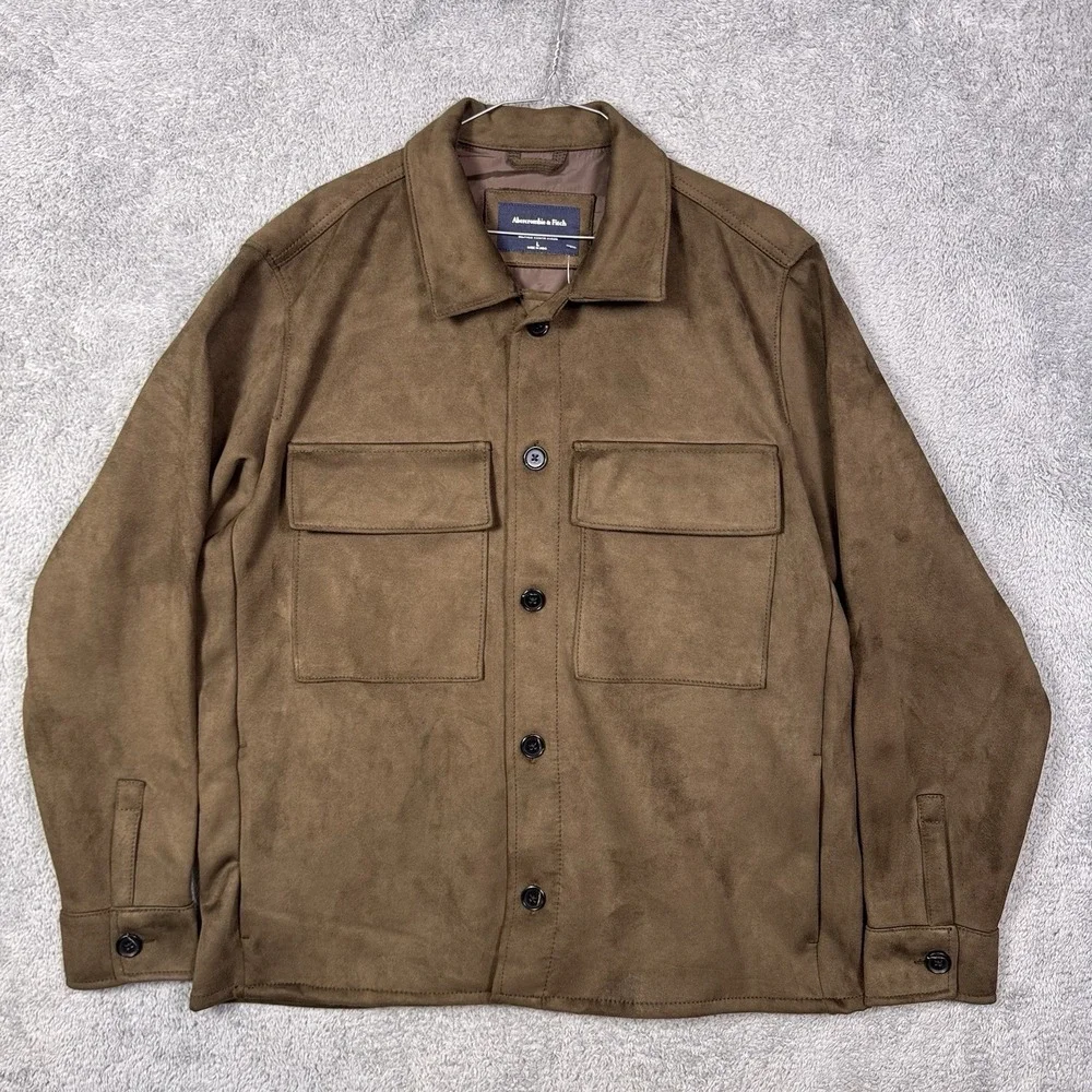 Abercrombie & Fitch Jacket Mens L Vegan Suede Trucker Button Front Cargo Brown